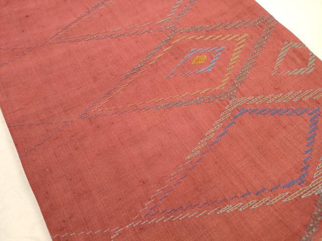 平和屋着物◎六通柄袋帯　紬地　刺繍　幾何学文　正絹　逸品　DABA8166xg