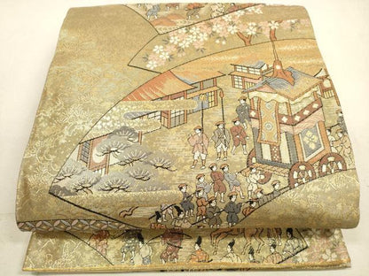 平和屋着物◎六通柄袋帯　人物風景文　金糸　正絹　逸品　DABA8193xg