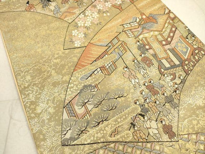 平和屋着物◎六通柄袋帯　人物風景文　金糸　正絹　逸品　DABA8193xg