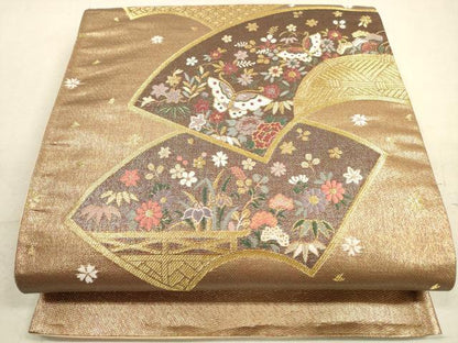 平和屋着物◎六通柄袋帯　地紙花蝶文　金糸　正絹　逸品　DABA8202xg