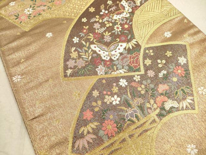 平和屋着物◎六通柄袋帯　地紙花蝶文　金糸　正絹　逸品　DABA8202xg