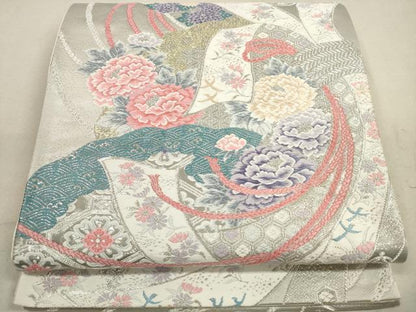 平和屋着物◎六通柄袋帯　唐織　扇取熨斗文　全プラチナ箔　正絹　逸品　DABA8207xg