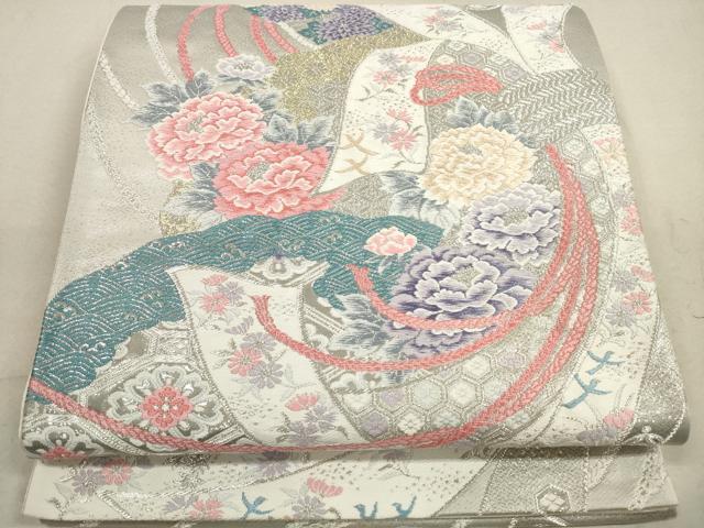 平和屋着物◎六通柄袋帯　唐織　扇取熨斗文　全プラチナ箔　正絹　逸品　DABA8207xg