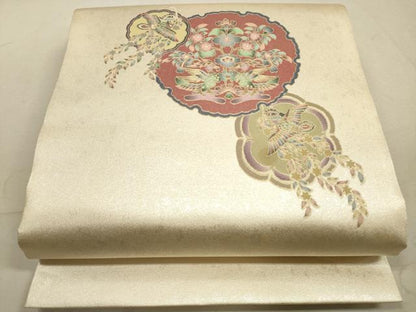 平和屋着物◎萬代謹製　太鼓柄袋帯　うるし箔　花喰い鳥　正絹　逸品　DABA8332xg