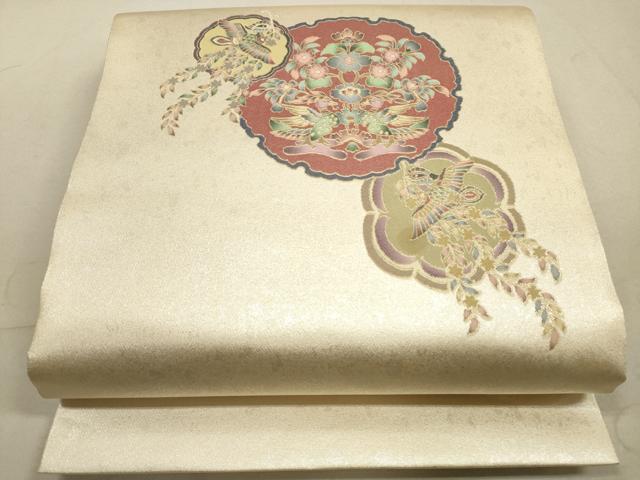 平和屋着物◎萬代謹製　太鼓柄袋帯　うるし箔　花喰い鳥　正絹　逸品　DABA8332xg