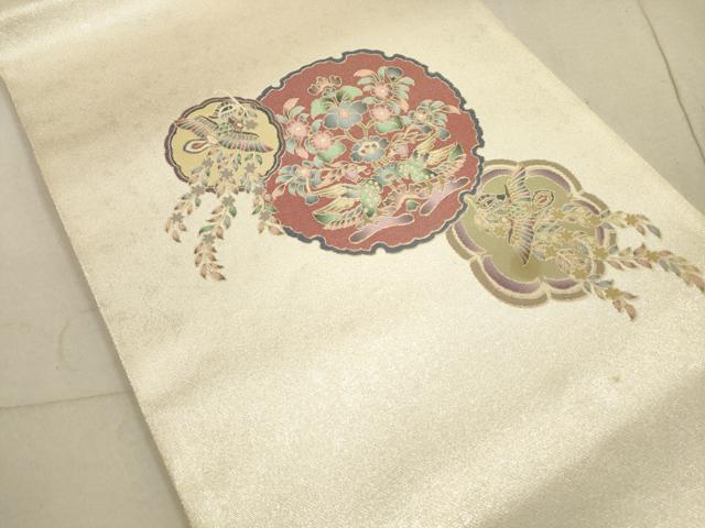 平和屋着物◎萬代謹製　太鼓柄袋帯　うるし箔　花喰い鳥　正絹　逸品　DABA8332xg