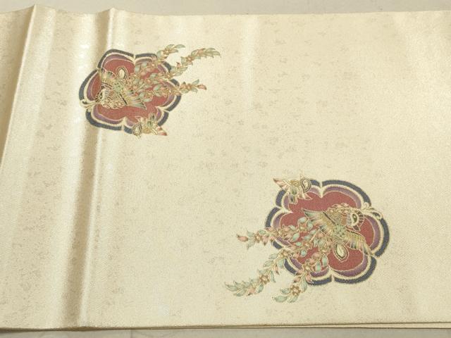 平和屋着物◎萬代謹製　太鼓柄袋帯　うるし箔　花喰い鳥　正絹　逸品　DABA8332xg