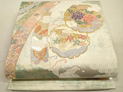 平和屋着物◎六通柄袋帯 唐織 雪輪花蝶文 金糸 引箔 正絹 逸品 DABA8348xg