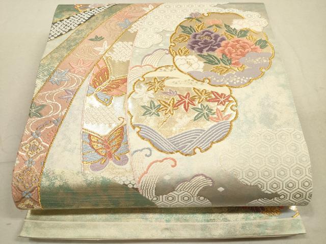 平和屋着物◎六通柄袋帯 唐織 雪輪花蝶文 金糸 引箔 正絹 逸品 DABA8348xg
