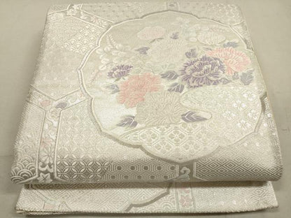 平和屋着物◎六通柄袋帯 唐織 吉祥花文 銀糸 正絹 逸品 DABA8364xg