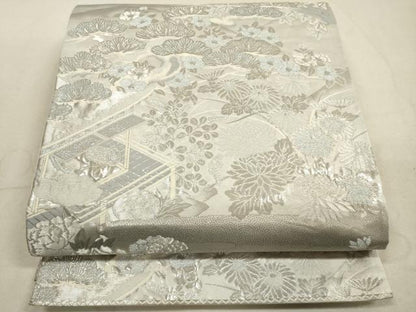 平和屋着物◎六通柄袋帯　風景花文　しよう美　プラチナ箔　正絹　逸品　DABA8368xg