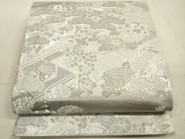 平和屋着物◎六通柄袋帯　風景花文　しよう美　プラチナ箔　正絹　逸品　DABA8368xg