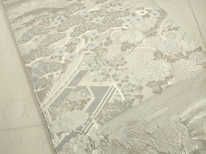 平和屋着物◎六通柄袋帯　風景花文　しよう美　プラチナ箔　正絹　逸品　DABA8368xg