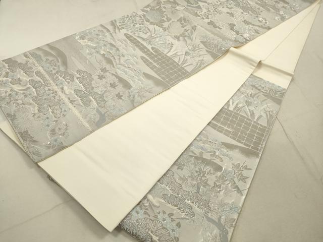 平和屋着物◎六通柄袋帯　風景花文　しよう美　プラチナ箔　正絹　逸品　DABA8368xg