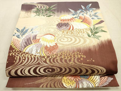 平和屋着物◎六通柄袋帯　唐織　鴛鴦花文　金糸　正絹　逸品　DABA8399xg