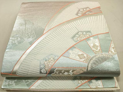 平和屋着物◎六通柄袋帯　片輪車花文　プラチナ三重箔　正絹　逸品　DABA8402xg