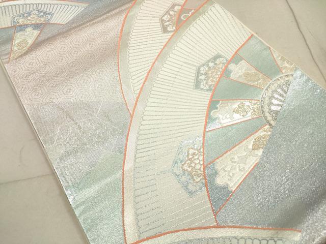 平和屋着物◎六通柄袋帯　片輪車花文　プラチナ三重箔　正絹　逸品　DABA8402xg