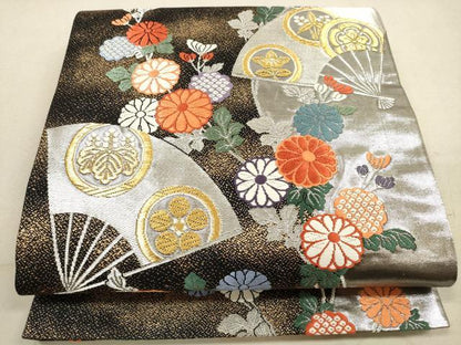 平和屋着物◎六通柄袋帯　唐織　扇面花文　黒地　金銀糸　正絹　逸品　DABA8408xg