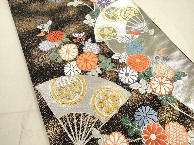 平和屋着物◎六通柄袋帯　唐織　扇面花文　黒地　金銀糸　正絹　逸品　DABA8408xg