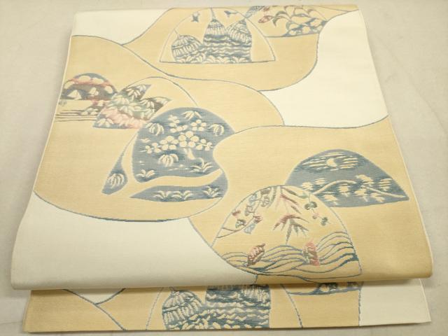 平和屋着物◎六通柄袋帯　幾何学花文　正絹　逸品　DABA8409xg