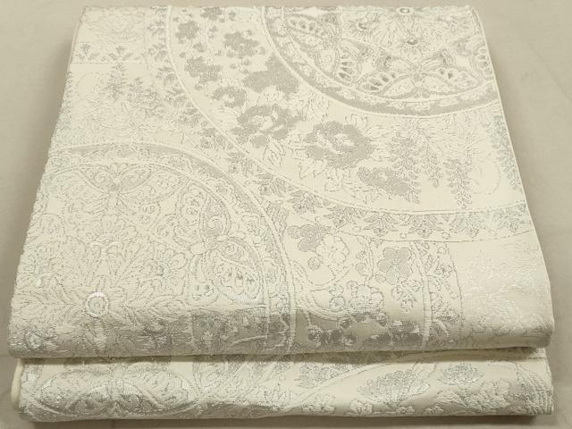 平和屋着物◎西陣　六通柄袋帯　絵皿花蝶文　銀糸　正絹　逸品　DABA8426xg