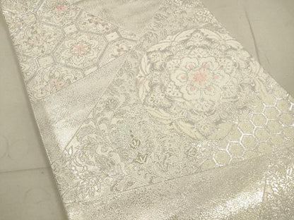 平和屋着物◎西陣 六通柄袋帯 唐織 正倉院花文 銀糸 正絹 逸品 DABA8428xg