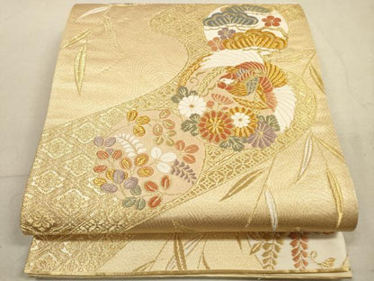 平和屋着物◎六通柄袋帯 唐織 吉祥道長花鳥丸文 金糸 正絹 逸品 DABA8446xg