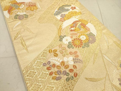 平和屋着物◎六通柄袋帯 唐織 吉祥道長花鳥丸文 金糸 正絹 逸品 DABA8446xg