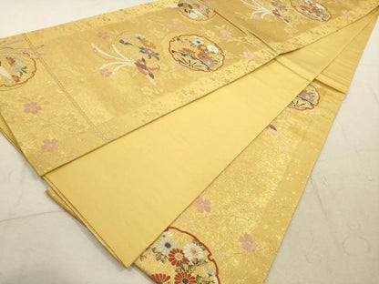 平和屋着物◎六通柄袋帯 唐織 花鳥元禄 金糸 正絹 逸品 DABA8473xg