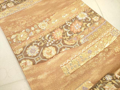 平和屋着物◎六通柄袋帯 唐織 横段更紗花文 うるし箔 正絹 逸品 DABA8475xg