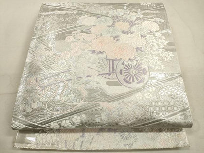 平和屋着物◎六通柄袋帯　唐織　九百錦　吉祥御所車花文　プラチナ箔　正絹　逸品　DABA8493xg