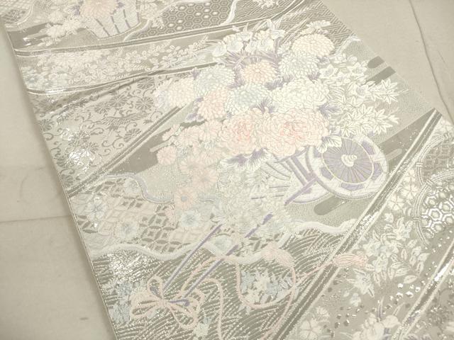 平和屋着物◎六通柄袋帯　唐織　九百錦　吉祥御所車花文　プラチナ箔　正絹　逸品　DABA8493xg