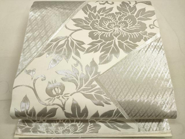平和屋着物◎六通柄袋帯　プラチナ箔　色紙取牡丹　正絹　逸品　DABA8494xg
