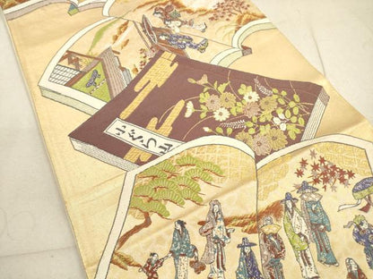 平和屋着物◎六通柄袋帯 人物風景冊子文 金銀糸 正絹 逸品 DABA8507xg