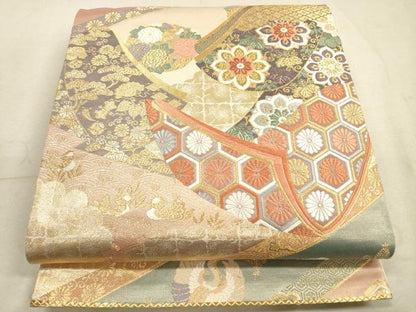 平和屋着物◎六通柄袋帯 唐織 吉祥花鳥文 本うるし箔 正絹 逸品 DABA8520xg