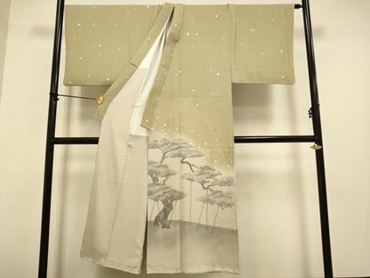 平和屋着物●男性　色留訪問着　作家物　手描き　箔散らし松文　暈し染め　正絹　逸品　DABA8669du