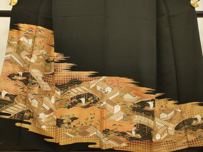 平和屋着物■豪華黒留袖　駒刺繍　渡橋風景文　金彩　正絹　逸品　DABA8739du