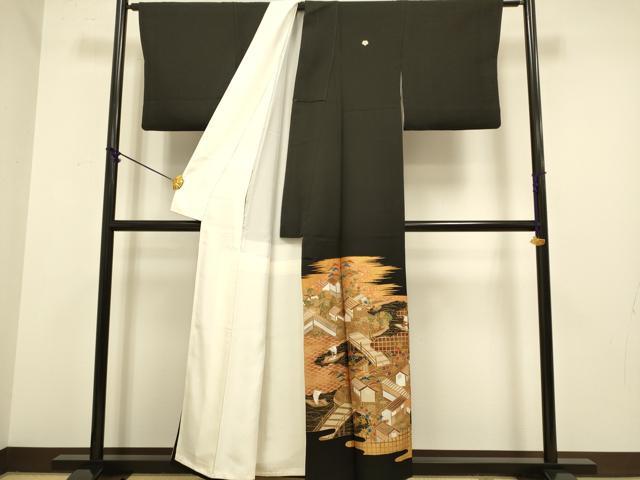 平和屋着物■豪華黒留袖　駒刺繍　渡橋風景文　金彩　正絹　逸品　DABA8739du