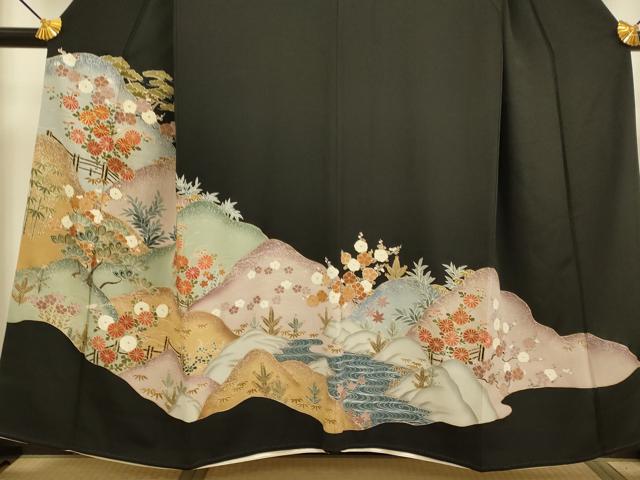 平和屋着物■豪華黒留袖　駒刺繍　草花文　金彩　正絹　逸品　DABA8780du