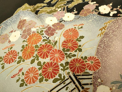 平和屋着物■豪華黒留袖　駒刺繍　草花文　金彩　正絹　逸品　DABA8780du