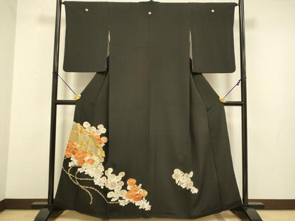 平和屋着物■豪華黒留袖　駒刺繍　扇花鳥文　金彩　正絹　逸品　DABA8807du