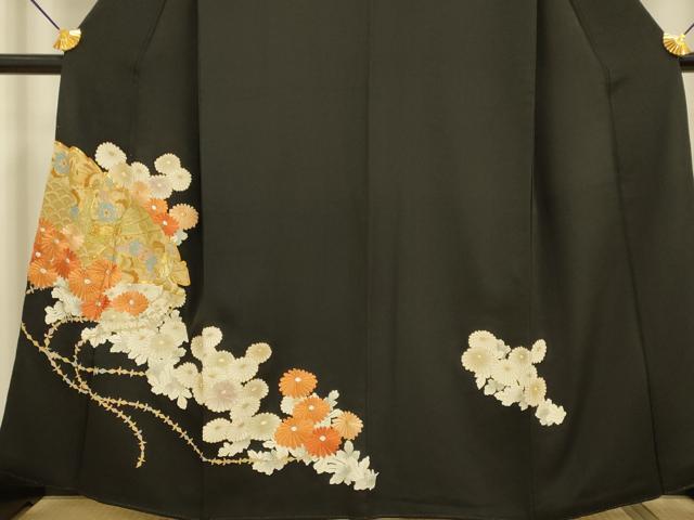 平和屋着物■豪華黒留袖　駒刺繍　扇花鳥文　金彩　正絹　逸品　DABA8807du
