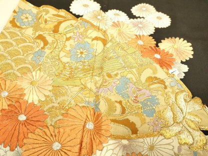 平和屋着物■豪華黒留袖　駒刺繍　扇花鳥文　金彩　正絹　逸品　DABA8807du
