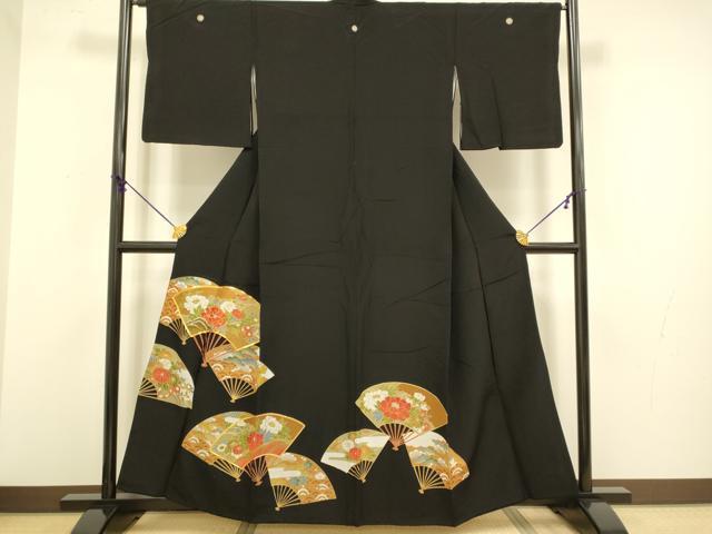 平和屋着物■豪華黒留袖　駒刺繍　扇面花文　金彩　正絹　逸品　DABA8813du
