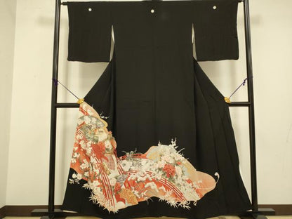平和屋着物■豪華黒留袖　駒刺繍　渡橋扇面花鳥文　金彩　正絹　逸品　DABA8814du