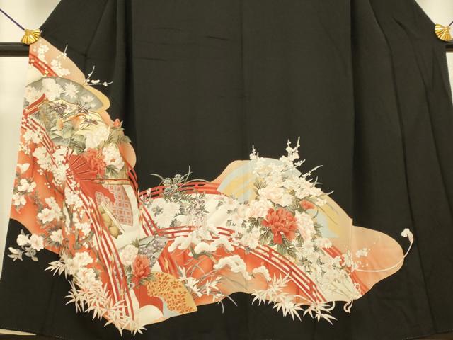 平和屋着物■豪華黒留袖　駒刺繍　渡橋扇面花鳥文　金彩　正絹　逸品　DABA8814du