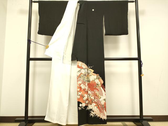 平和屋着物■豪華黒留袖　駒刺繍　渡橋扇面花鳥文　金彩　正絹　逸品　DABA8814du