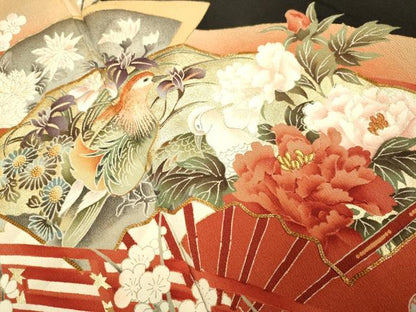 平和屋着物■豪華黒留袖　駒刺繍　渡橋扇面花鳥文　金彩　正絹　逸品　DABA8814du