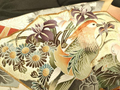 平和屋着物■豪華黒留袖　駒刺繍　渡橋扇面花鳥文　金彩　正絹　逸品　DABA8814du