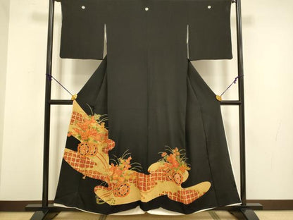 平和屋着物■豪華黒留袖　駒刺繍　花車文　金彩　正絹　逸品　DABA8815du